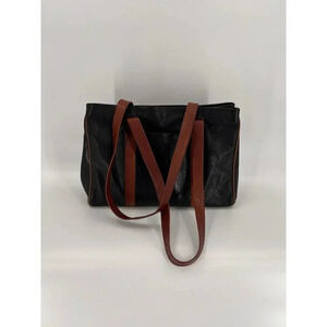 Vintage GIUDI Italian Leather Marchio Purse Bag Large Black w Brown 10H x 14.75W